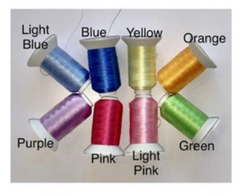 Thread colours to choose from for the embroidered name. Light blue, Blue, Yellow, Orange, Purple, Pink, Light Pink and Green. By Bespoke Munchkin