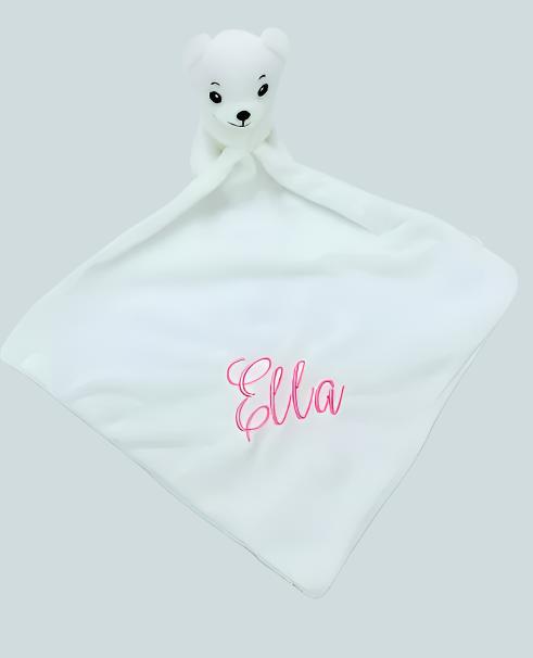 White Bear plush toy attached to a mini white blankie embroidered with the name Ella in pink thread. 