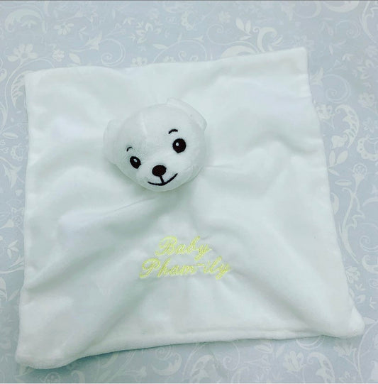 White Polar Bear Baby Comforter, personalised with baby's name in Yellow Thread. 