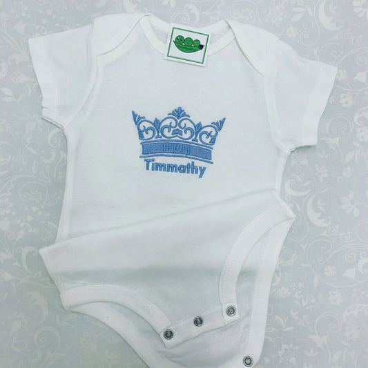 Personalised Cotton short sleeve baby bodysuit with an embroidered in blue a royal crown and baby's name.