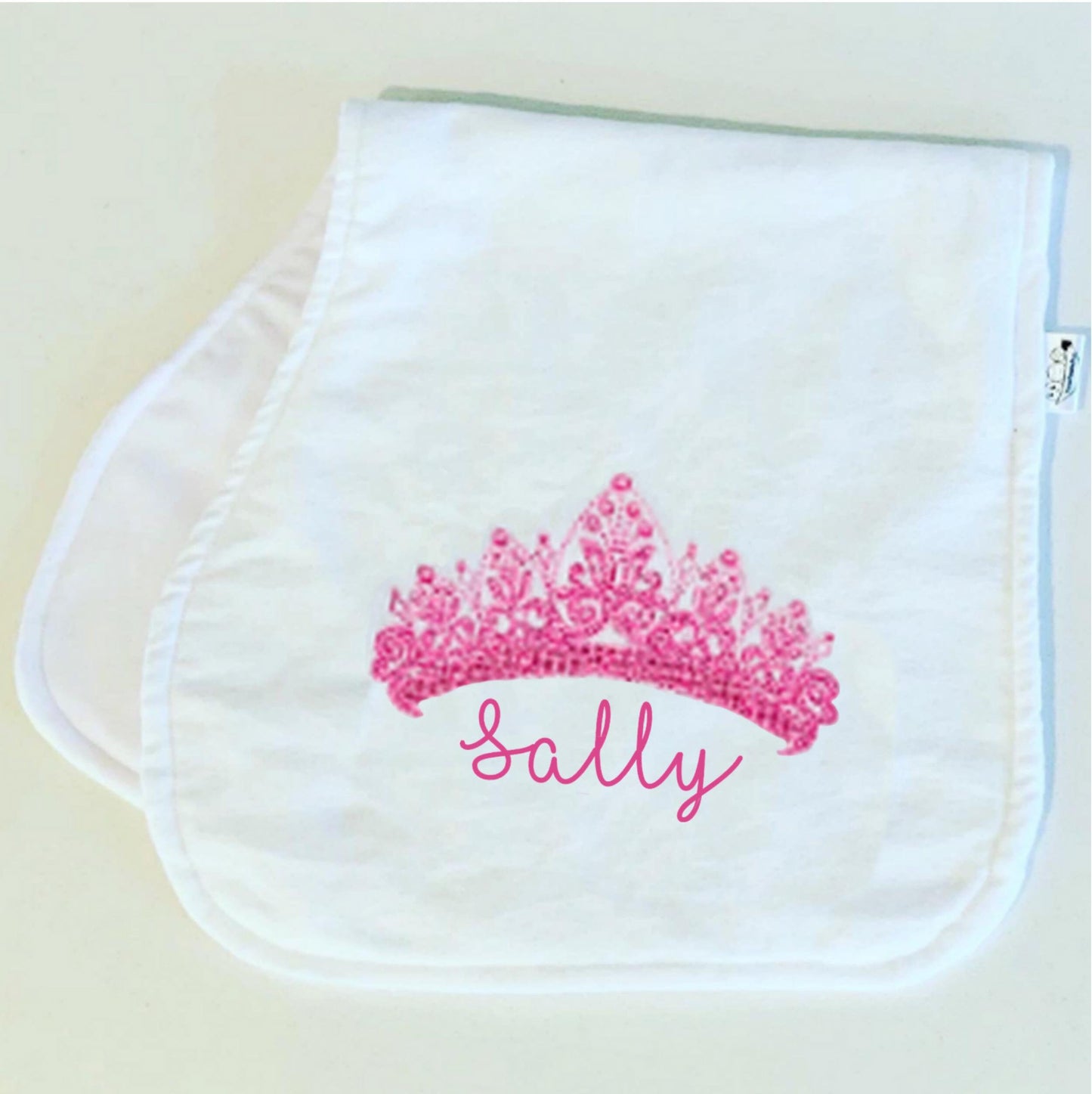 Triple layer baby burp cloth embroidered with crown, personalised with baby's name. 