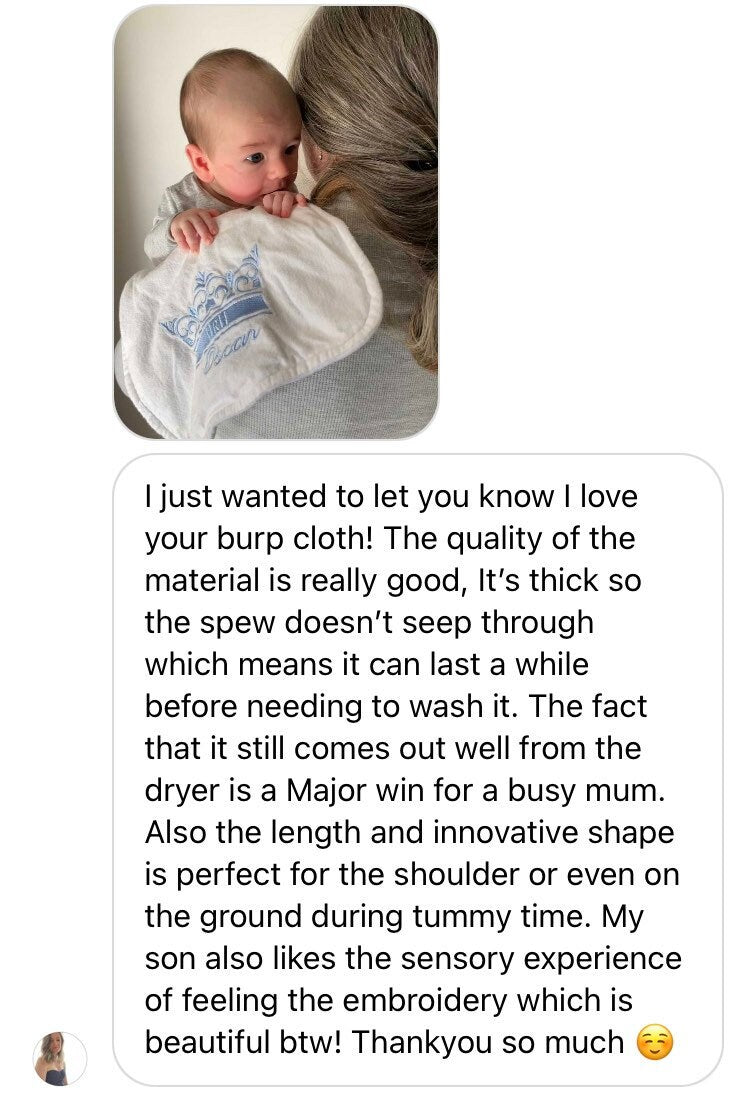 Lovely raving review of personalised burp. cloth