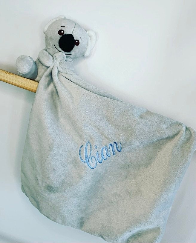 Koala Baby Comforter, personalised with baby's name in a blue thread color. 