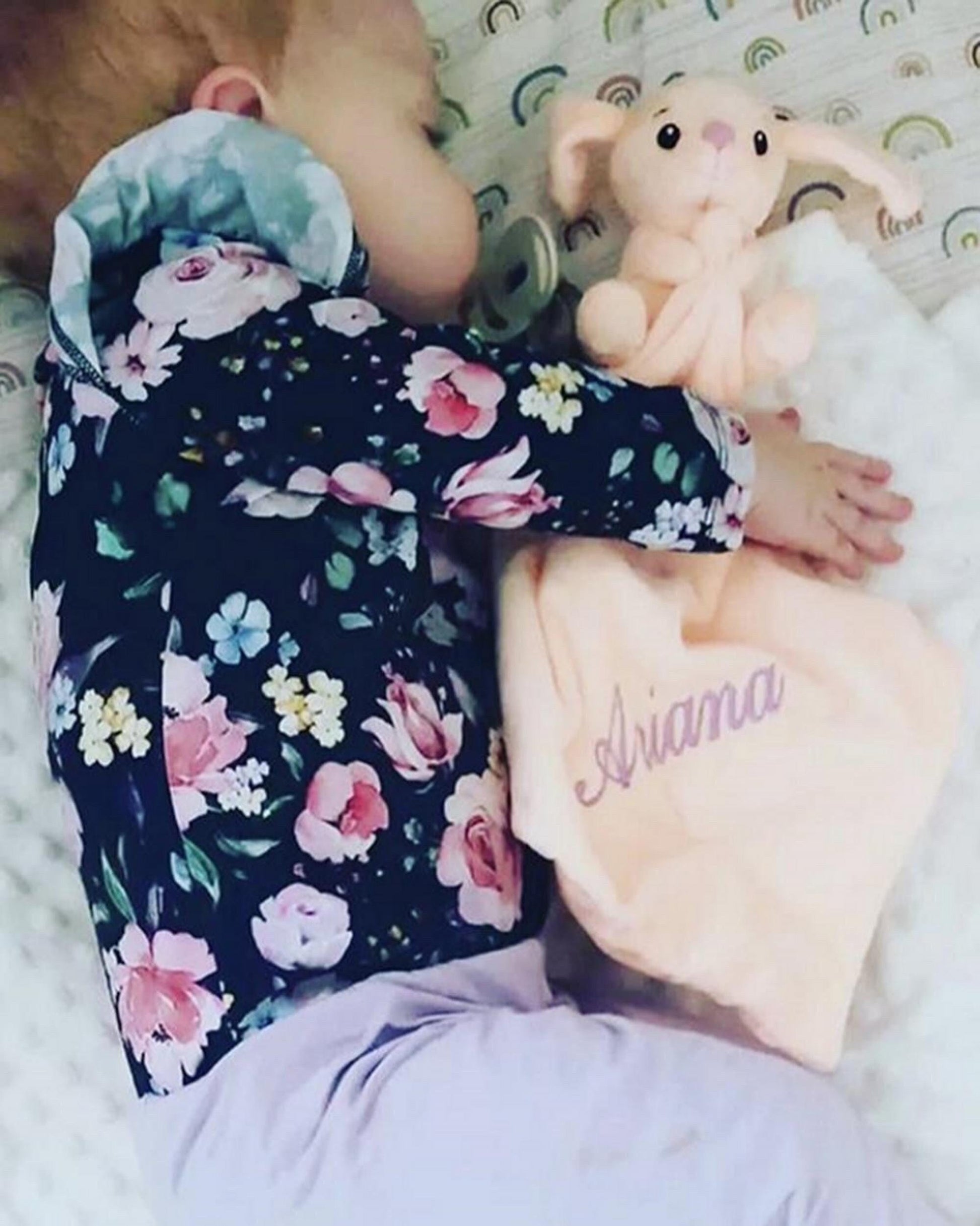 Apricot coloured baby comforter with a plush bunny attached to a mini blankie, personalised with baby's name on the blankie in purple.