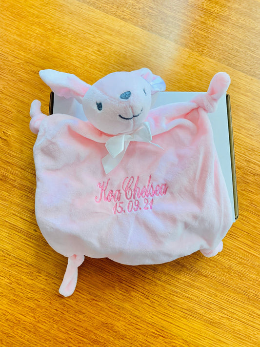 Pink Plush Bunny Baby Comforter, personalised with baby's name in in baby pink thread. 