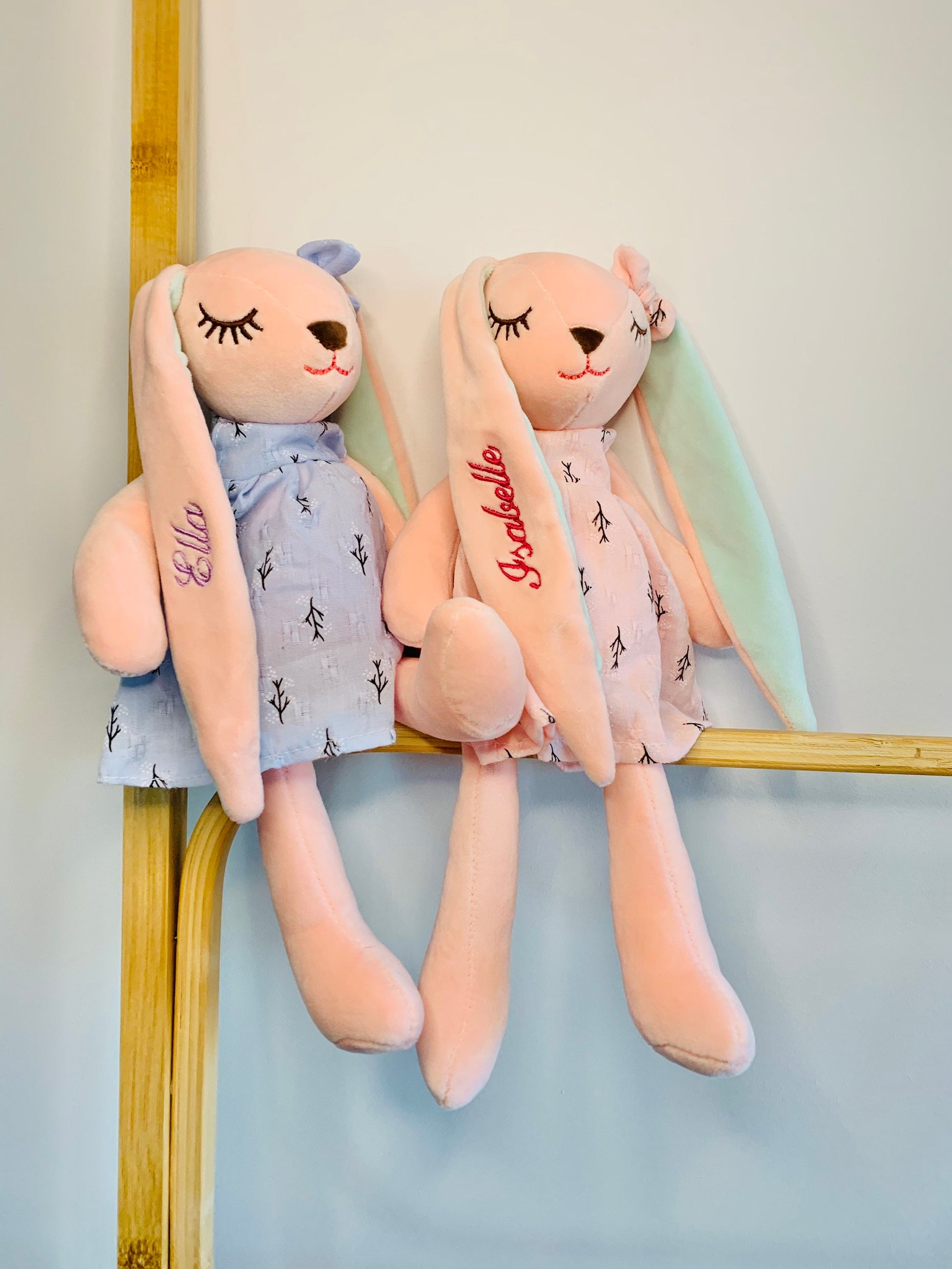 Two pink plush bunnies, one with a blue dress and the other with a pink dress and matching bows on the head. The bunny in blue dress has a name embroidered in purple thread and the pink dressed bunny has baby's name embroidered in pink thread. 