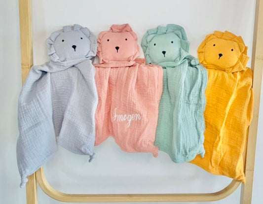 Organic Muslin Baby comforter personalised with baby's name. Lion Baby Comforter. 