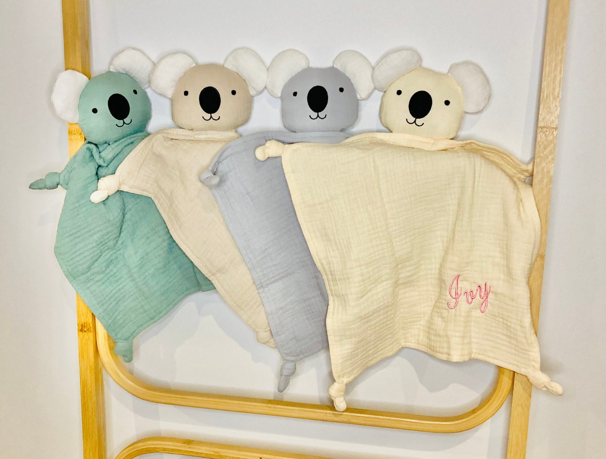 Organic Cotton baby comforter personalised with baby's name. Muslin baby comforter, Koala baby comforter.